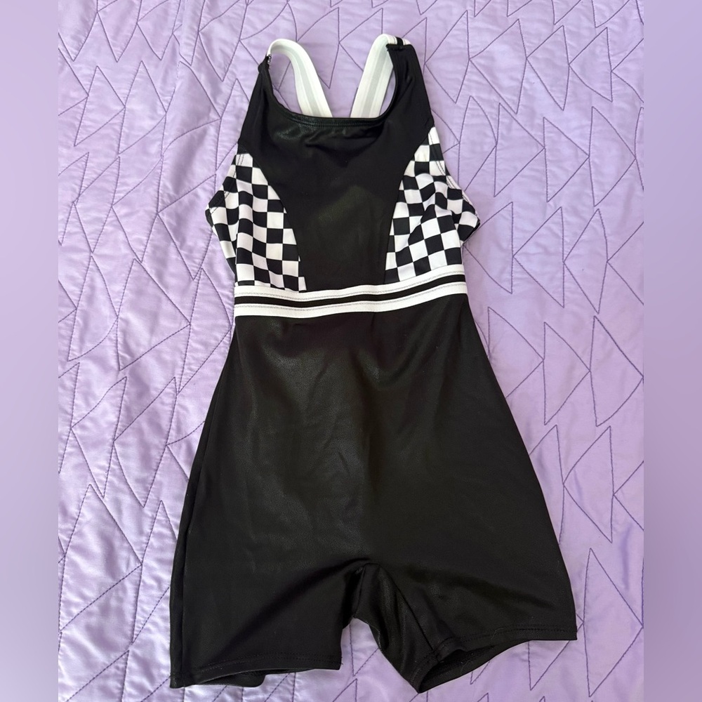 More than magic Black & White Checkered leotard dance gymnastics XS 4/5 guc